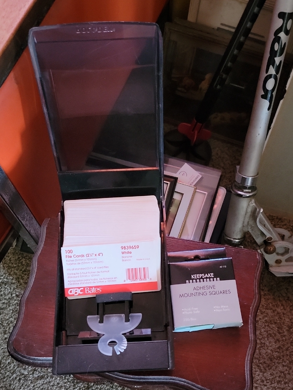 Black Index Card/File Holder with White Cards & Adhesive Mounting Squares